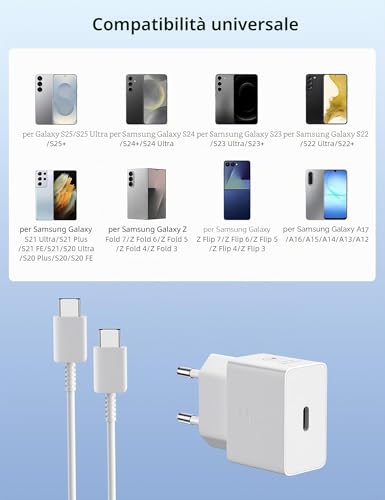 25W USB C Charger for Samsung Galaxy A17 A16 A56 A36 A26 S26 A35 S25 Edge S24 S23 S22 S21 S20 S10 Z Flip 7 with 1 M Cable, USBC Charging Socket Power Supply Type C Plug Charging Adapter