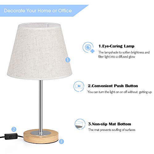 Nightstand Table Lamp for Bedroom, Small Wood Desk Lamps Set of 2, Modern Bedside Lamp with Linen Shade for Dressers, Coffee Table, Nursery, Bookcase, Sliver - Thumbnail 4