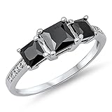 3 Stone Princess Cut Simulated Black Onyx .925 Sterling Silver Ring Sizes 5-11