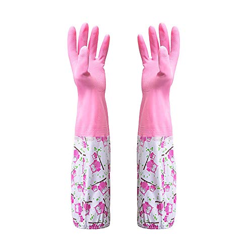 Fheaven (TM) Home Kitchen Waterproof Rubber Latex Flannel Washbowl Gloves Household Cleaning Gloves (Pink)