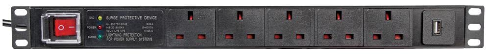 PULSE PDS5-USB-SRG 5 Way UK + USB PDU with UK Plug and Surge Protection, 19" 1U