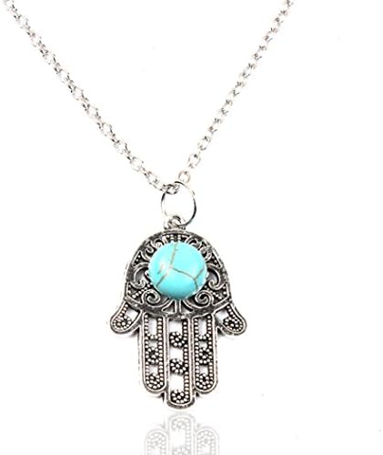 Women Hamsa Necklace Fashion Turquoise Stone Long Chain Jewelry Necklace Hand Of Fatima (Silver)