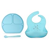 Suction Plate for toddlers, Baby Silicone Bib, Baby Spoon- Baby Feeding complete set. By IBB (blue)