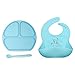 Suction Plate for toddlers, Baby Silicone Bib, Baby Spoon- Baby Feeding complete set. By IBB (blue)
