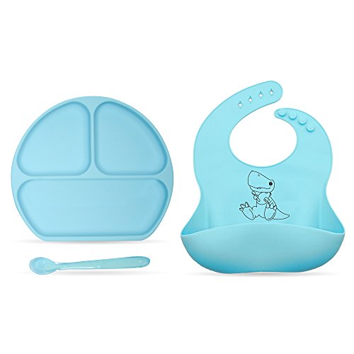 Suction Plate for toddlers, Baby Silicone Bib, Baby Spoon- Baby Feeding complete set. By IBB (blue)