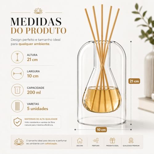 Difusor de Aromas em Vidro Duplo Elegante – Design Moderno Decorativo – Ideal para Aromatizador de Ambiente, Casa, Escritório e Sala (Frasco Cônico)