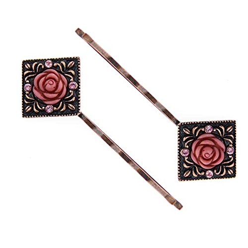 Copper-Tone Light Rose Swarovski Elements and Carved Pink Rose Bobby Pins Set