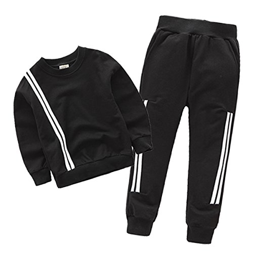 OnlyAngel Kids Boys Two Striped Printed Sweatsuits Crew Neck Top and Elastic Waist Pant Clothing Sets Age 4-12 (9-10 Years, Black)