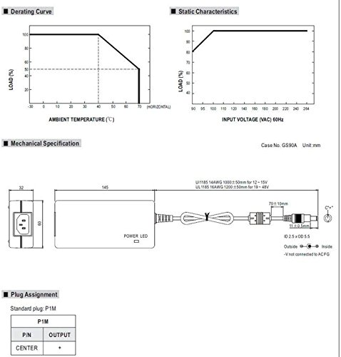 MEAN WELL GST90A48-P1M Regulated Switching Table Top Power Supply, 2.5mm Plug Level VI, 3-Wire, 48 Volt, 1870 mA, 90 Watt