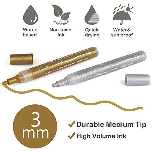 AVAVA Acrylic Paint Pens, 12 Pack (3 Black 3 White 3 Gold 3 Silver) 3mm Permanent Painting Markers DIY Craft for Rock Ceramic Glass Wood Plastic Canvas Fabric Mug, Quick Dry, High Volume Ink