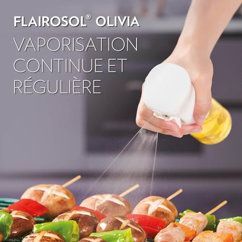 FLAIROSOL OLIVIA Glass Oil Spray Bottle 130ml - Continuous Spray Technology with Portion Control - Versatile for Kitchen, Salads, Barbecues, Vuisson, etc (Gold Logo)