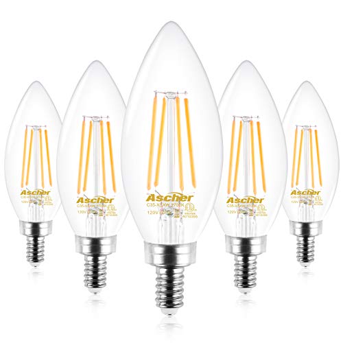 Ascher E12 Candelabra LED Light Bulbs 60 Watt Equivalent, 550 Lumens, Warm White 2700K, Decorative Candle Base, Filament Clear Glass, Non-Dimmable, Pack of 5