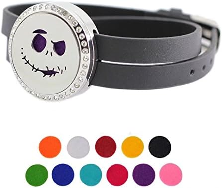 DIB Stainless Steel Aromatherapy Essential Oil Diffuser 30mm Halloween Skull Rhinestones Leather Bracelet, Wristband Length 15.7"