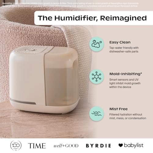Canopy Bedside Humidifier 2.0, White, 36 HR Run Time, 2.5L Capacity - Reading Light & White Noise - Alleviate Symptoms of Allergies, Flu, Cold, Dry Skin - Humidifier, Filter, Power Cord & Adapter