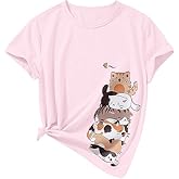 BINTEHGS Cute Shirts for Girls Short Sleeve Cat Graphic Tees Crewneck Cartoon Casual Cotton T-Shirt Kids Summer Tops Clothes
