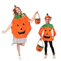 Trooer 2 Sets Halloween Pumpkin Costume Kids Parent Suit with Pumpkin Hat & Orange Bag for Funny Party Cosplay
