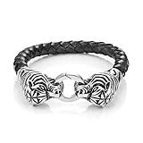 Amazing Leather Mens Bracelet with Locking Stainless Steel Tiger Head Clasp, Black, Silver, 8.5 Inches