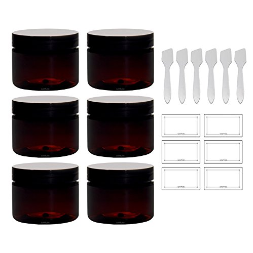 Amber PET Plastic (BPA Free) Refillable Low Profile Jar - 3 oz (6 pack) + Spatulas and Labels