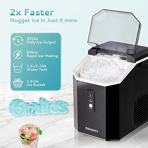 EUHOMY Nugget Ice Maker Countertop with Handle, Ready in 6 Mins, 33lbs