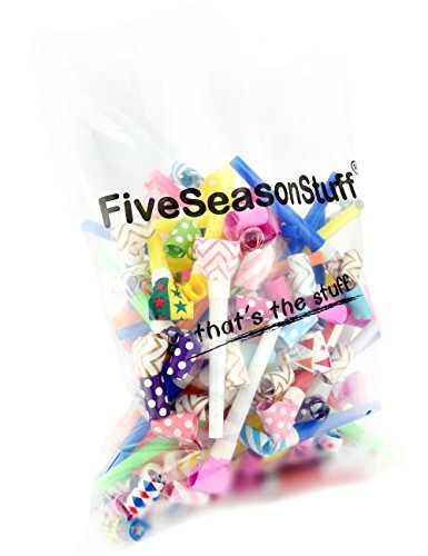 FiveSeasonStuff 100 Count Extra Long 5.1'' Blowouts| Party Blowers| Noisemakers| Whistles for New Year Party, Birthday, Assorted Colors