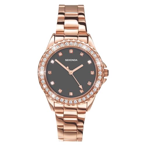 Sekonda Elizabeth Rose Gold Bracelet Black Dial Women's Quartz Watch 33mm with Stone Set Case, Analogue Display and Stainless Steel Bracelet