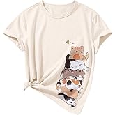 BINTEHGS Cute Shirts for Girls Short Sleeve Cat Graphic Tees Crewneck Cartoon Casual Cotton T-Shirt Kids Summer Tops Clothes