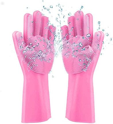 2Pcs Magic Silicone Gloves with Wash Scrubber Reusable Silicone Glove Brush Pair Heat Resistant For Cleaning Washing Dishes Cooking Grilling Car Wash and Pet Care Pink