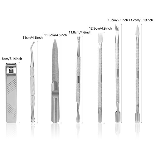 Cuticle Pusher Set Nail Polish Cuticle Remover Manicure Pedicure Tool Stainless Steel Push Stick Nail Lifter Travel Hygiene Kit with Zipper Case by BUVE(7pcs, Black)