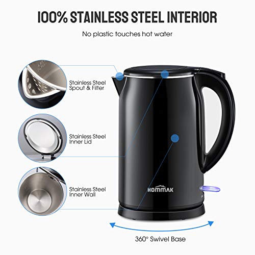 Hommak Electric Kettle,1.7L 1500W Double Wall Cool Touch 304 Stainless