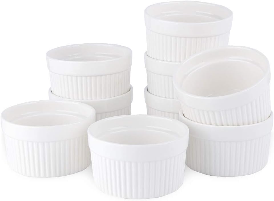 SZUAH Porcelain Ramekins, 4oz Baking Ramekins for Souffle, Creme Brulee, Appetizer, Custard, Pudding and Ice Cream, Set of 9.