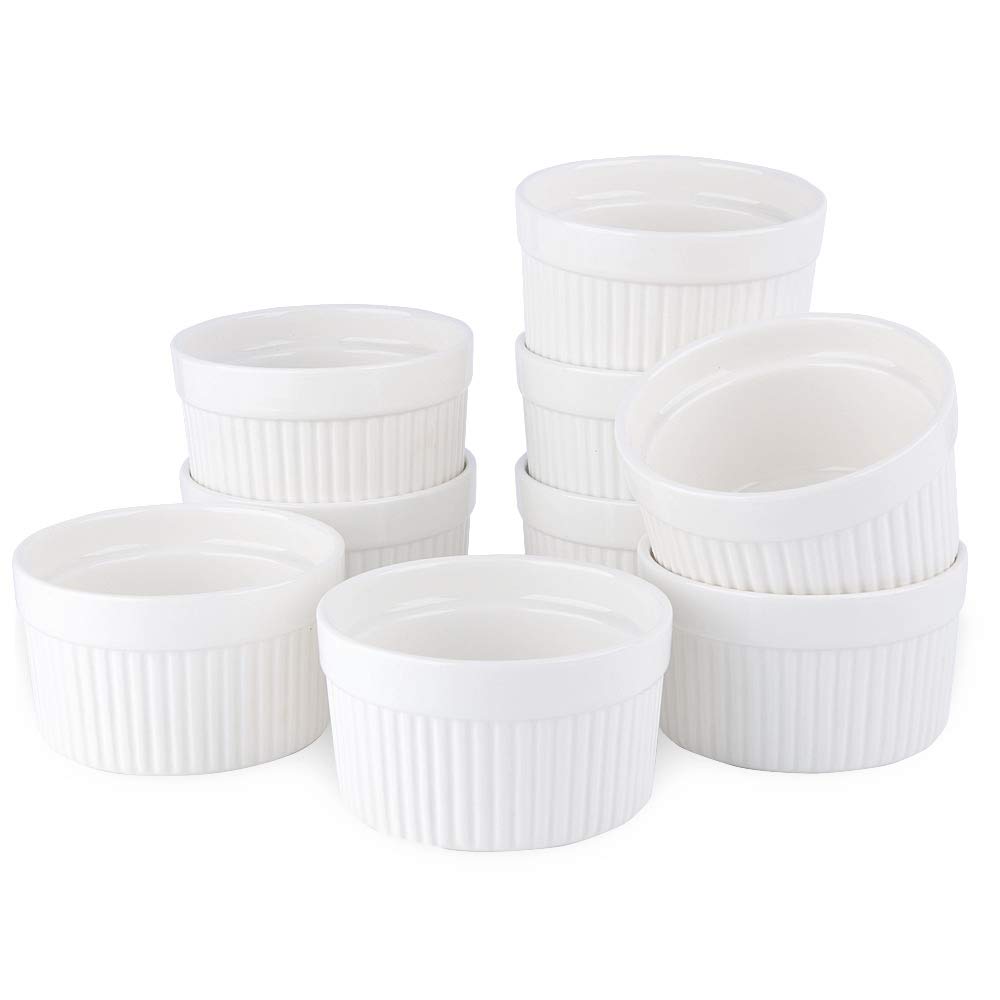 SZUAH Porcelain Ramekins, 4oz Baking Ramekins for Souffle, Creme Brulee, Appetizer, Custard, Pudding and Ice Cream, Set of 9.