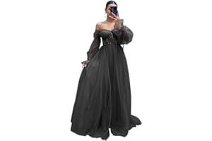 Fokissy Long Sleeve Tulle Prom Dresses Ball Gown Womens A Line Lace Applique Puffy Formal Evening Gowns