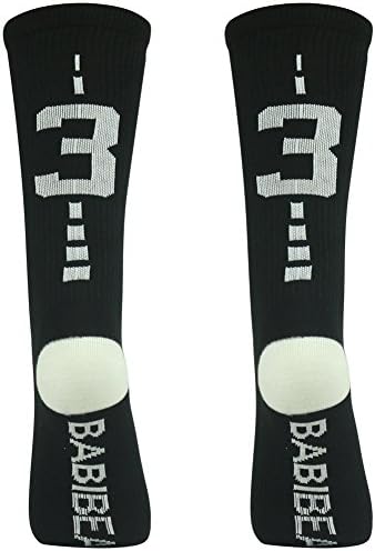 BABIBEAN Athletic Half Cushioned Mid Calf Custom Team Number Crew Socks For Kids Boys Softball Soccer Football Black/White 13-17 Age