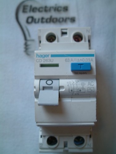 HAGER 63 AMP 30mA DOUBLE 2 POLE RCCB RCD CIRCUIT BREAKER CD 263U 27241 BSEN61008 by Hager