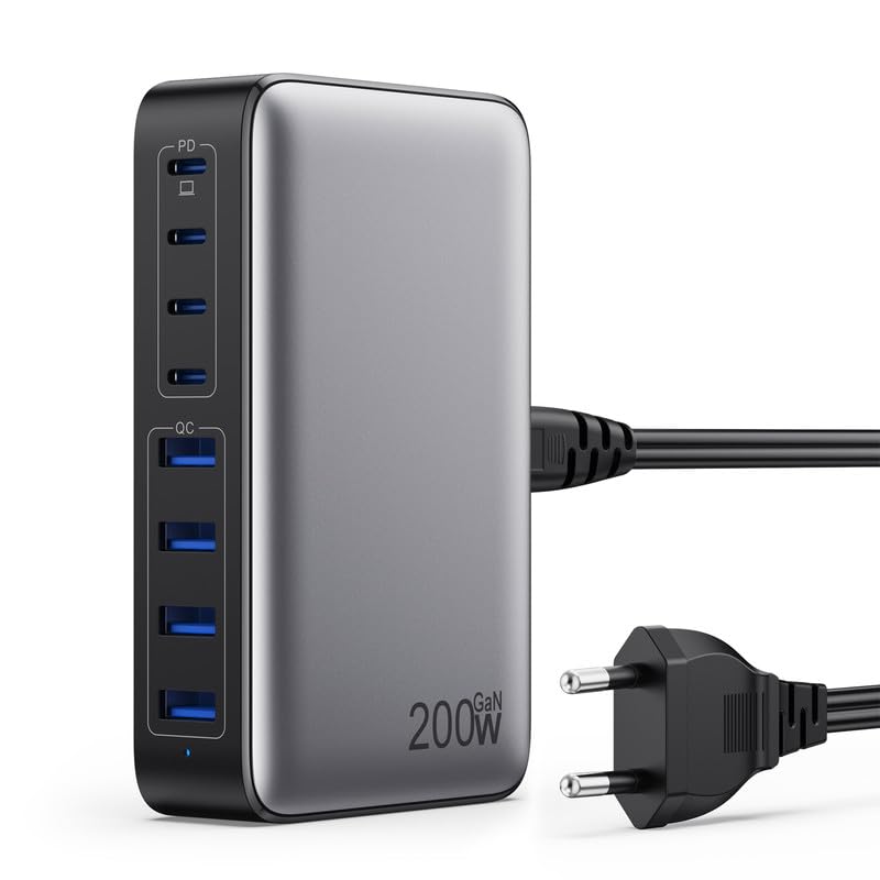 Feob 200W USB C Ladegerät Mehrfach, GaN III 8-Port Schnellladegerät PPS PD 65W Ladegerät Adapter Schnellladestation mit USB-A Netzteil Charger für Mac