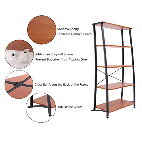 FIVEGIVEN 5 Tier Book Shelf Ladder Bookshelf Leaning Modern Wood Display Office Shelf Sonoma Cherry - Thumbnail 4