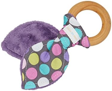 Natural Organic Maple Wooden Teething Ring Toy - Bunny Ears Teether - Polka Dots Fabric and Purple Minky