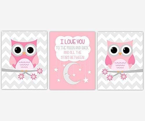 Girl Nursery Wall Art Pink Gray Grey Owls I Love You To The Moon And Back Chevron Moon Stars Baby Nursery Decor SET OF 3 UNFRAMED PRINTS