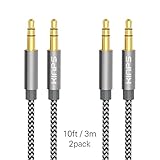 Kinps Audio Cable 3.5mm Stereo Aux Cord for Mobile Phone, Apple, Android, Tablet, Headphones, Speaker, Laptop, PC, iPod and More 3.5mm Stereo Jack Enabled Devices 10 FT / 3 M - Nylon - Black - 2Pack)