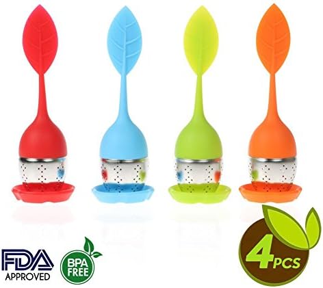 4 pcs Silicone Handle Tea Infuser Steeper Diffuser with Stainless Steel Strainer and Drip Tray for Loose Leaf Herbal Tea in Cup Mug Teapot Glass - Great Present for Tea Lovers