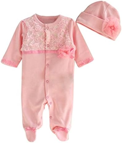 Newborn Infant Baby Girls Cap Hat+Romper Bodysuit Playsuit Clothing Set Outfit (3-6M, Pink)