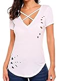 Meaneor Women's Short Sleeve Cross Front Distressed Tee T Shirt