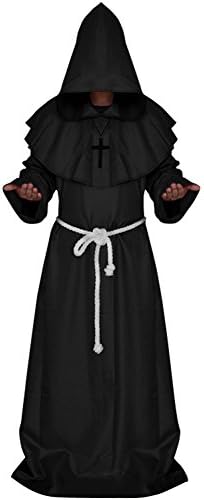 LadyKing Halloween Medieval Monk Cloak Hooded Cosplay Cape Costumes Cross Necklace Rope L Black