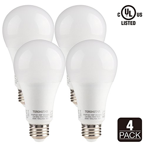 TORCHSTAR #100W Equivalent# 15.5W Dimmable LED A21 Bulb, 1600Lm, 5000K Daylight, E26 Medium Base, Omnidirectional, 3 YEARS WARRANTY, Pack of 4