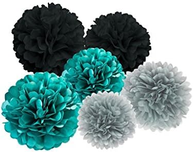 Hanzen 12 Pcs 8" 10" Teal Gray Black Tissue Paper Pom Poms Flower Balls For Birthday Wedding Party Baby Shower Outdoor Decorations