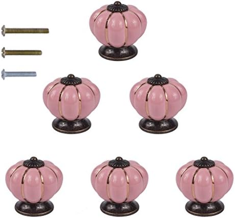 HanLingGG Vintage Ceramic Pumpkin Door Knobs 6 Pack Kitchen Cabinet Drawer Dresser Cupboard Pull Handle Knob with 3 Kinds of Screws (Pink)