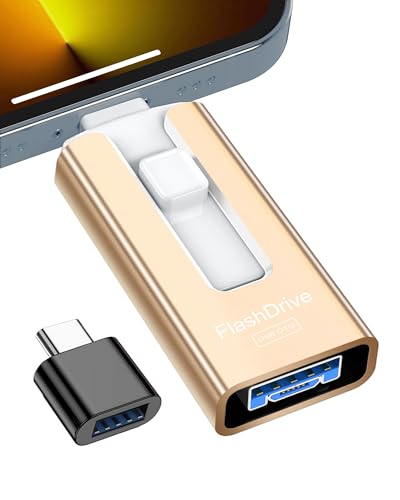 GNASEET 256GB External Memory for Phone and Android, USB 3.0 High Speed, 4 in 1 Phone Pendrive with USB-C/Micro USB/USB-A, External Hard Drive for Phone for Photos, Videos and Data, Gold
