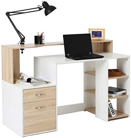 Wooden Computer Desk Home Office Furniture Bookshelf Shelves Storage Unit Drawers Table Workstation Laptop PC Study Writing White Oak