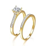 Bonlavie Set of 2 18K Gold Princess Cut Cubic Zirconia Engagement Wedding Ring Set for Her Women 8