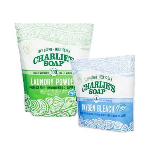 Charlie’s Soap Laundry Powder (100 Loads, 2.64 lb) and Oxygen Bleach (40 loads, 1.3 lb) - Biodegradable Laundry Detergent and Non-Chlorine Color Safe Oxygen Bleach Combo